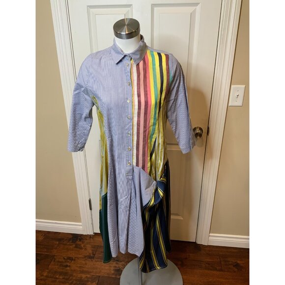 Alembika Striped Mixed Media Multicolor Long Sleeve Shirt Dress, Size 2 - Picture 1 of 7